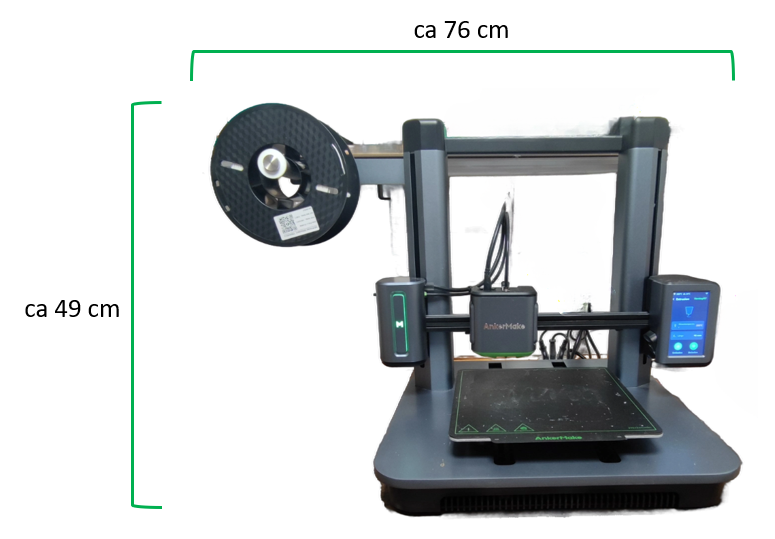 Ankermake M5 Abmessungen Höhe 49 Breite 76 bei Filament seitlich